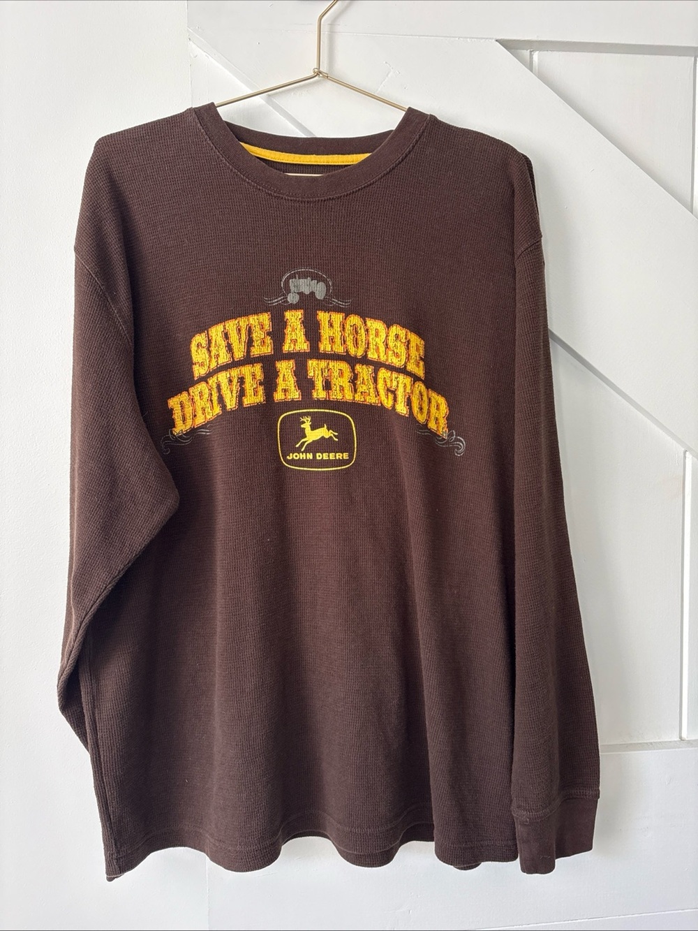 John Deere “Save A Horse Drive A Tractor” Waffle Knit Shirt Brown Size XL Farm